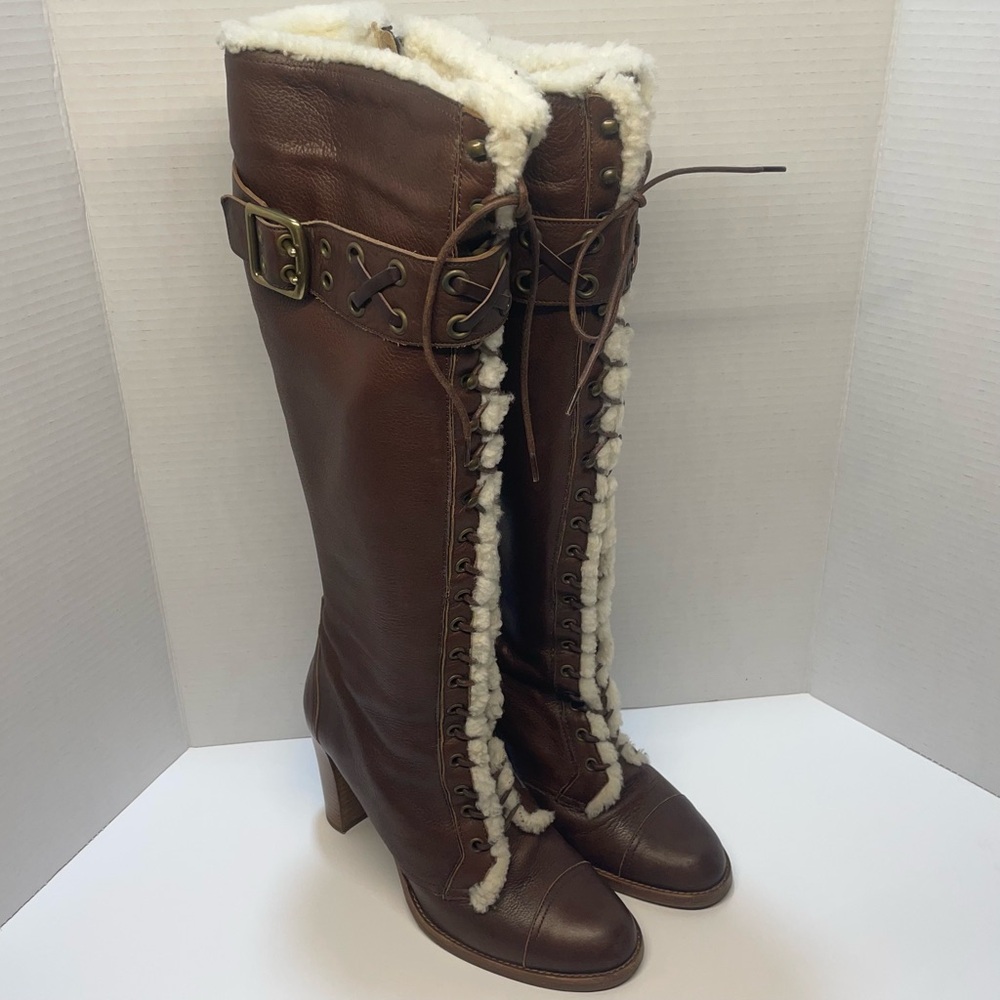 Coach Reece Shearling Leather Heel Boots Brown Made in Italy Sz 9.5 Buckle
